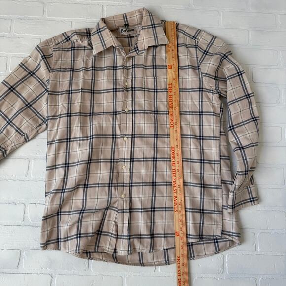 Barbour Men's Beige and Navy Plaid 100% Cotton Flannel Long Sleeve Shirt sz L - Picture 5 of 6